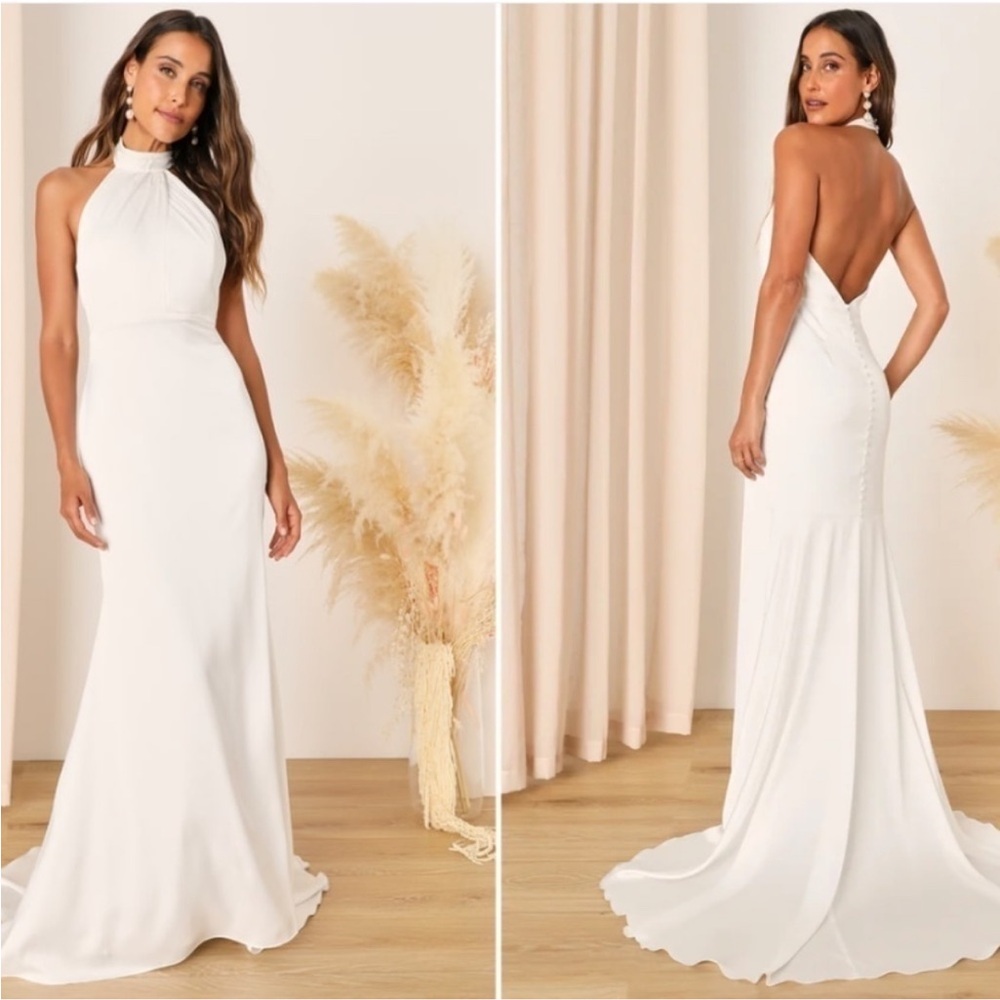 LULU's Bridal White Satin Backless Gown NWT